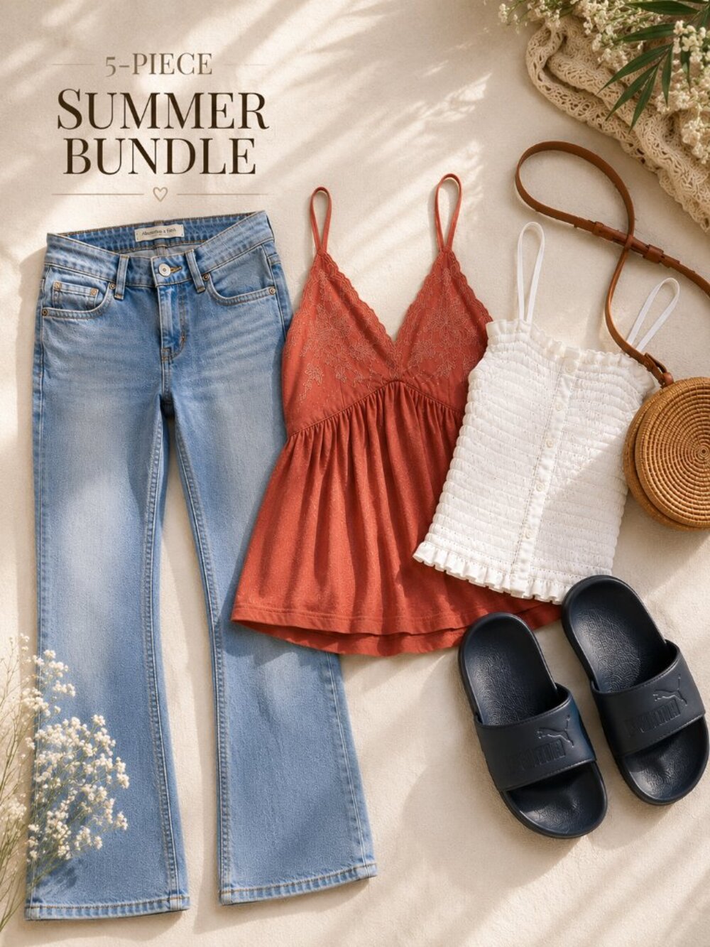 Title: 5pc Summer Outfit Bundle Abercrombie Jeans 0 Tops S Puma Slides 9